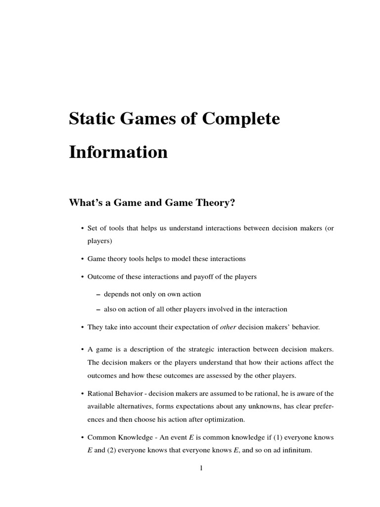 Static Games Complete Information | PDF | Game Theory | Economic ...