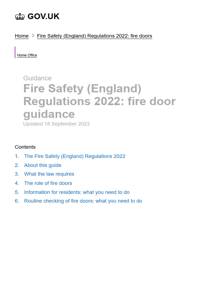 Fire Safety (England) Regulations 2022 Fire Door Guidance GOV UK PDF Door Fire Safety