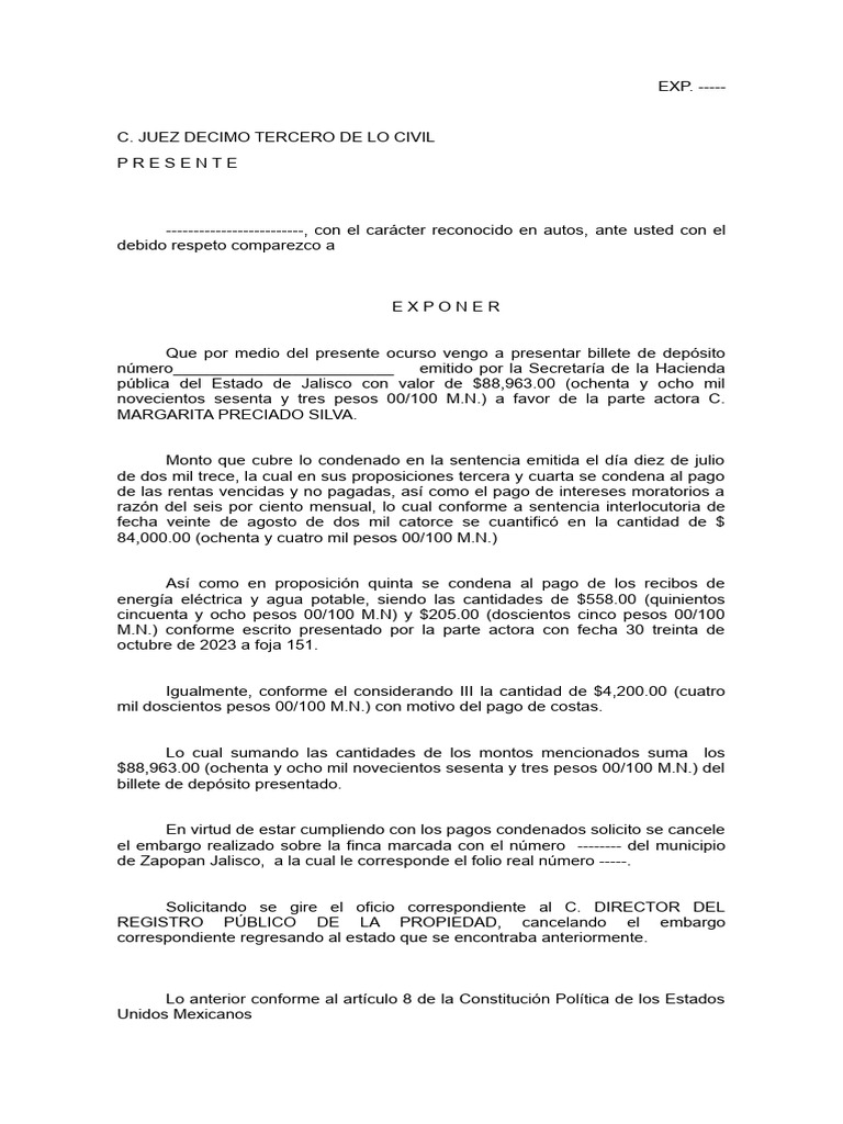 Presentación de Pago Cumplimiento de Sentencia | PDF