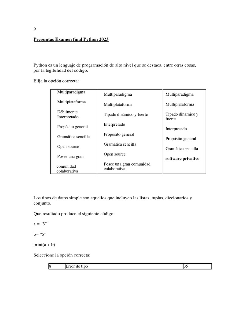 Preguntas Examen Final Python 2023 | PDF | Python (lenguaje de ...