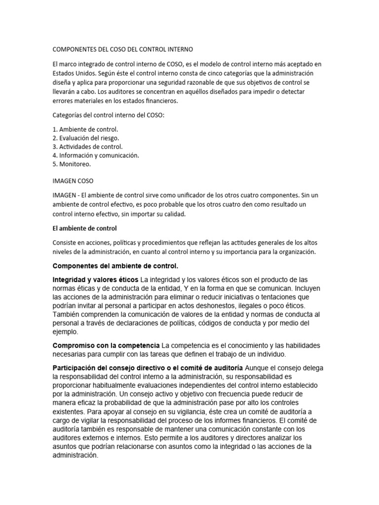 COMPONENTES DEL COSO DEL CONTROL INTERNO | PDF | Contabilidad | Riesgo