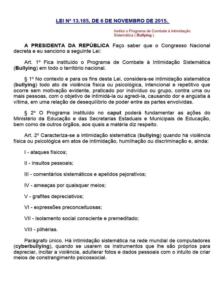Lei 13.185/2015: Combate ao Bullying | PDF | Assédio moral/bullying ...