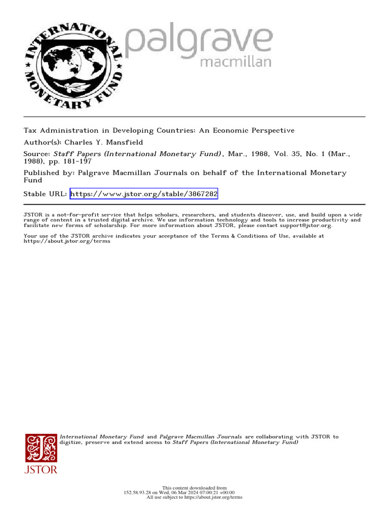 Mansfield TaxAdministrationDeveloping 1988 PDF Taxes Tax Evasion