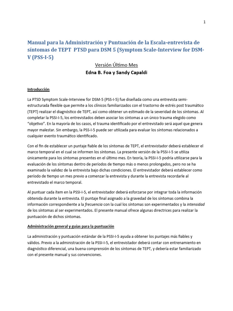 Manual PSSI-I-5: Administración y Puntuación | PDF | Trauma psicólogico ...