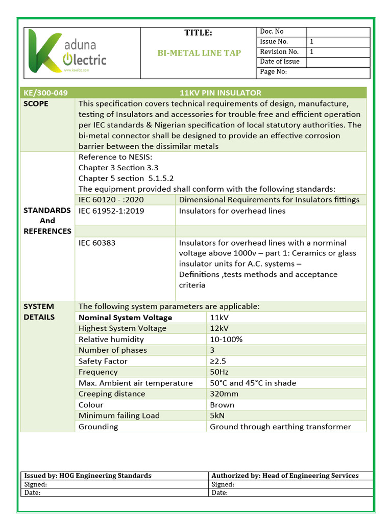 Bi-Metal Line Tap Specifications 11kV | PDF | Transformer | Insulator ...