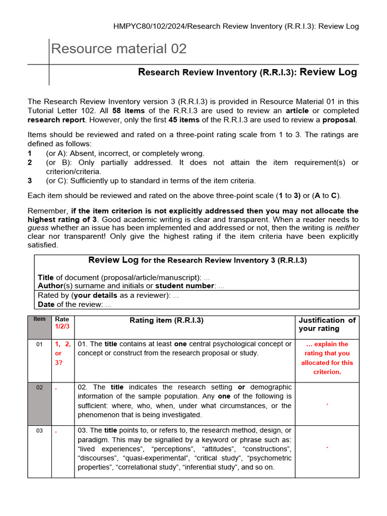 Research Review Inventory (R.R.I.3) Review Log File | PDF | Methodology ...