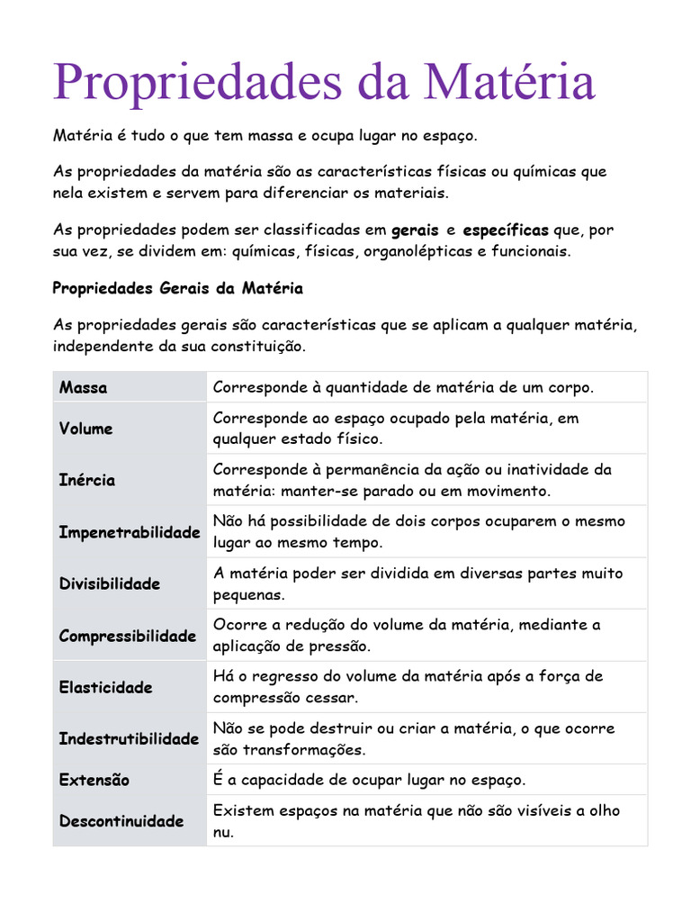 Propriedades da Matéria: Gerais e Específicas | PDF | Matéria | Química