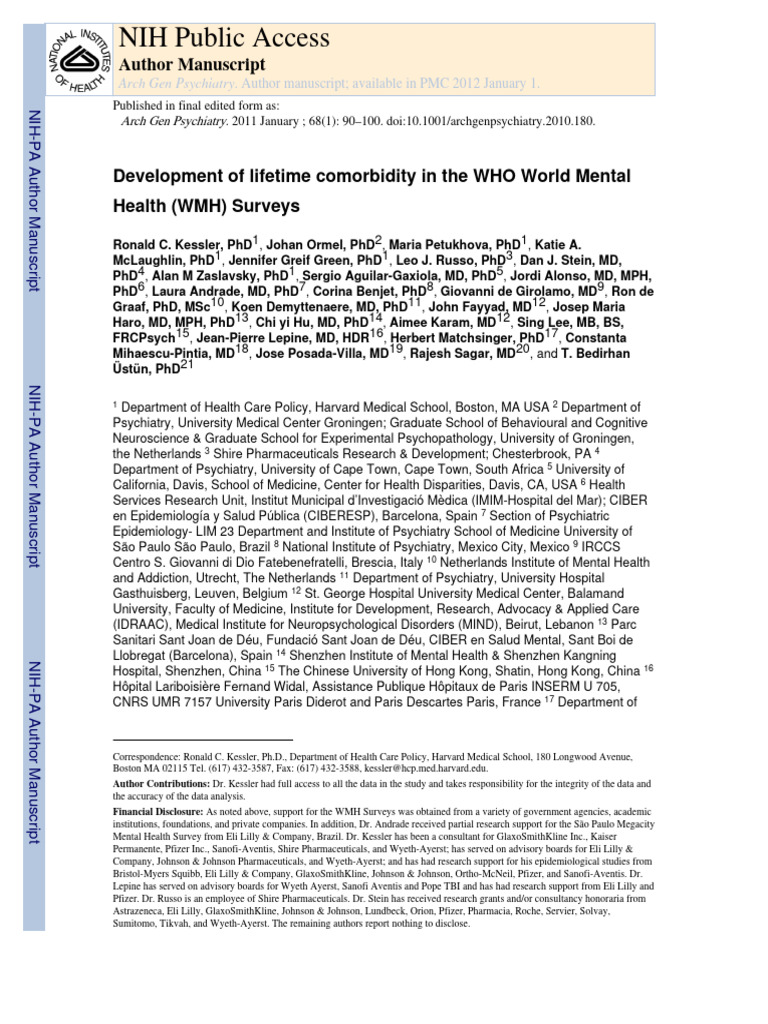 Lifetime Comorbidity in Mental Disorders | PDF | Mental Disorder ...
