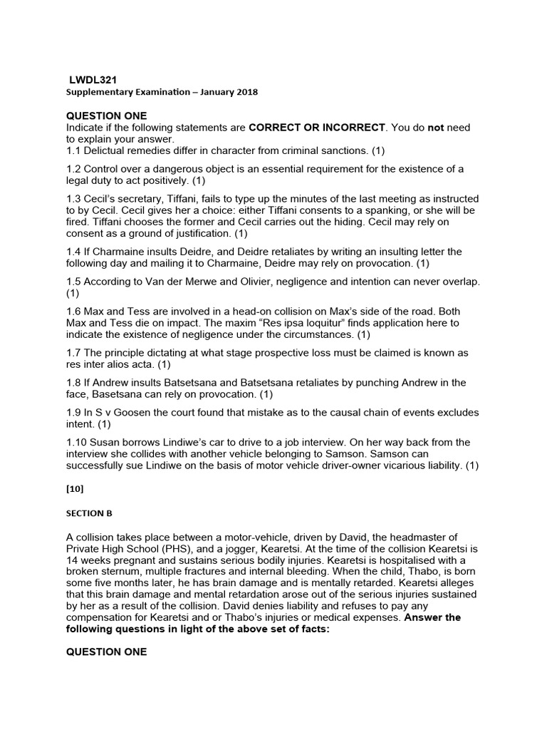 Jan 2018 Delict Q Paper | PDF | Negligence | Prosecutor