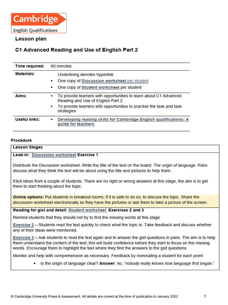 C1 Advanced Reading Lesson Plan | PDF | Question | English Language