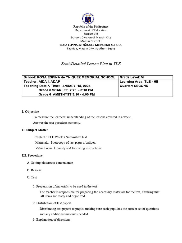 Grade 6 TLE Summative Test Plan | PDF | Teachers | Lesson Plan