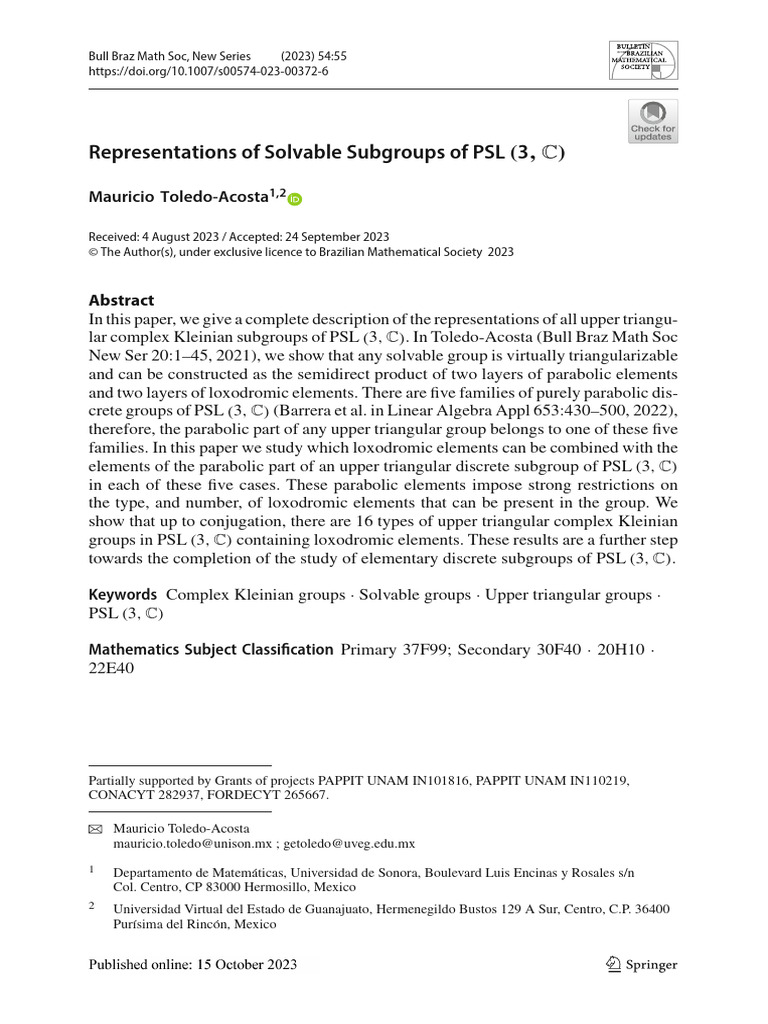 Representations of PSL(3,C) Subgroups | PDF | Group (Mathematics) | Algebra