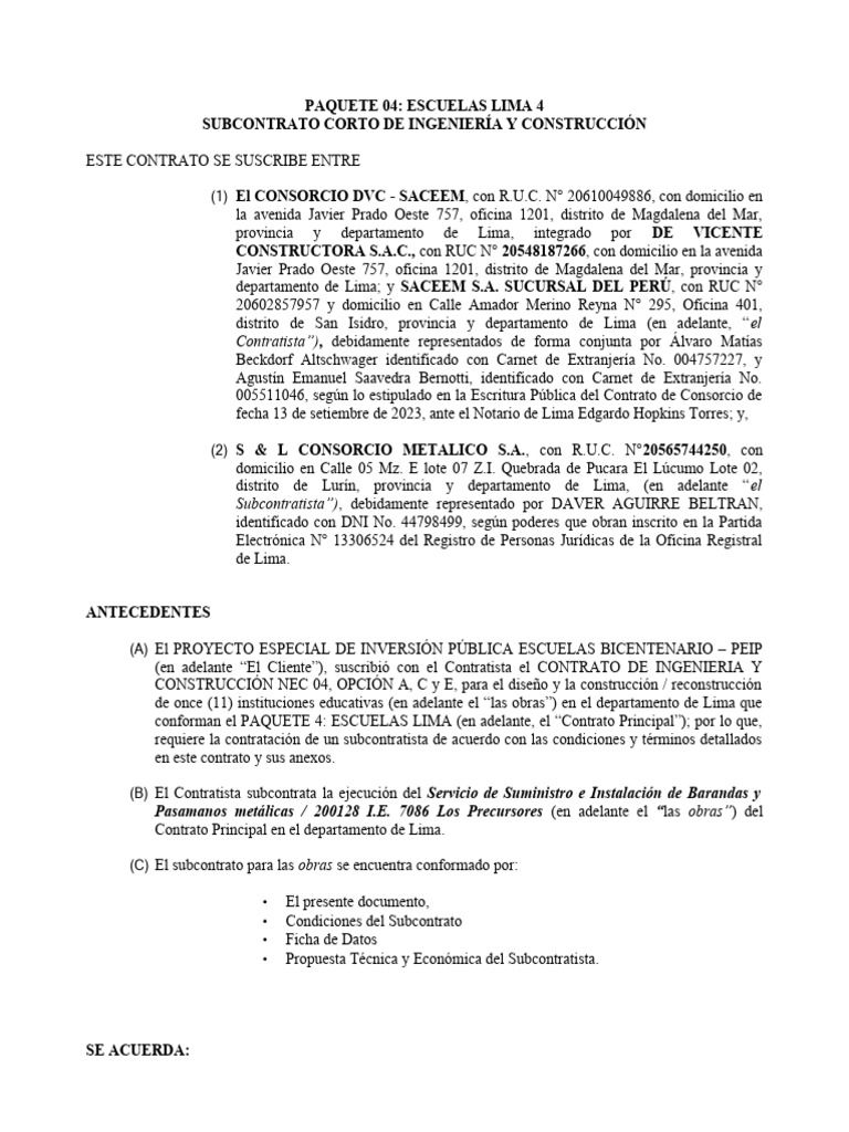Anexo 08 Modelo Subcontrato NEC 4 (Opción A) - Versión Corta. | PDF ...