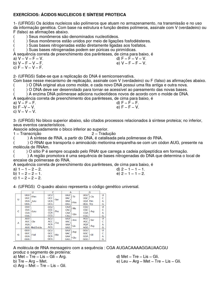 Exercícios sobre DNA e RNA | PDF | RNA | Tradução (Biologia)