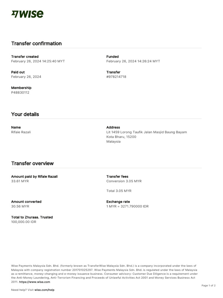 Wise Transaction Invoice Transfer 978214718 2548775630 en | PDF | Banks ...