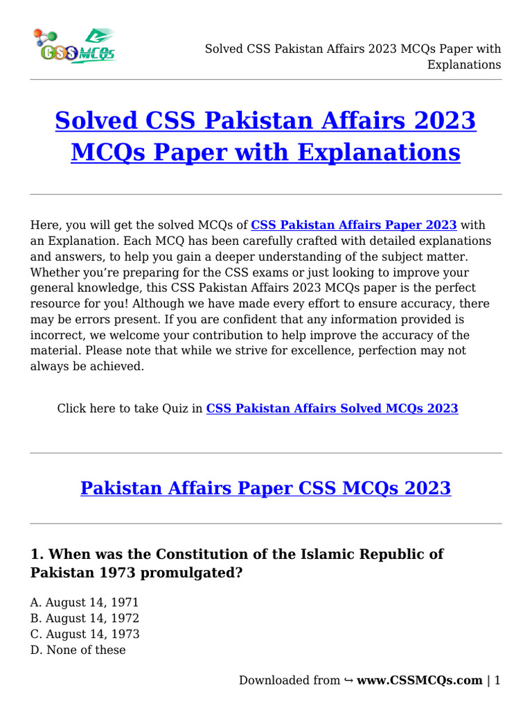 CSS Pakistan Affairs MCQs 2023 | PDF | Pakistan | Multiple Choice