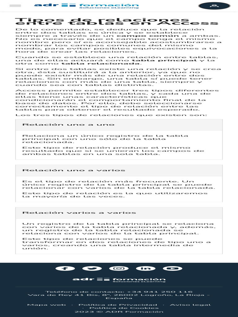 Tipos de Relaciones Entre Tablas en Access - ADR Formación | PDF
