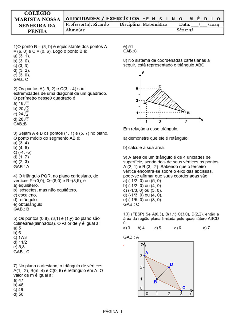 Exercícios de Matemática: Geometria Analítica | PDF