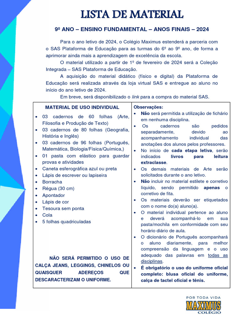 Lista de Material - 9º Ano | PDF