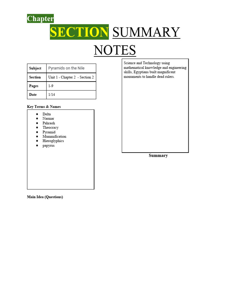SECTION SUMMARY NOTES (Template) - 3-2 | PDF | Ancient Egypt | Mesopotamia