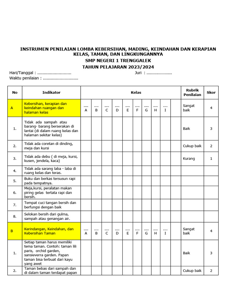 Instrumen Lomba Kebersihan Kelas 8 Dan 9 Pdf