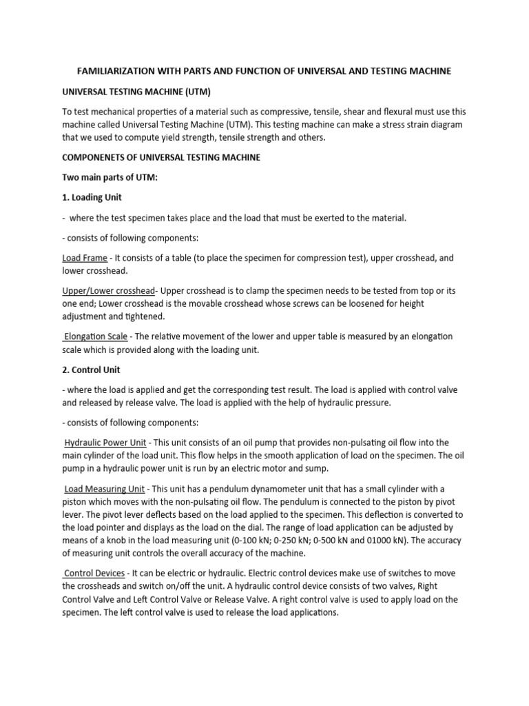 FAMILIARIZATION WITH PARTS AND FUNCTION OF UNIVERSAL AND TESTING MACHINE PDF