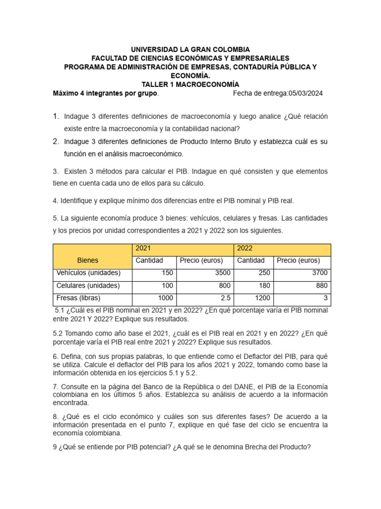 Taller de Macroeconomía: Análisis y PIB | PDF | Producto Interno Bruto ...