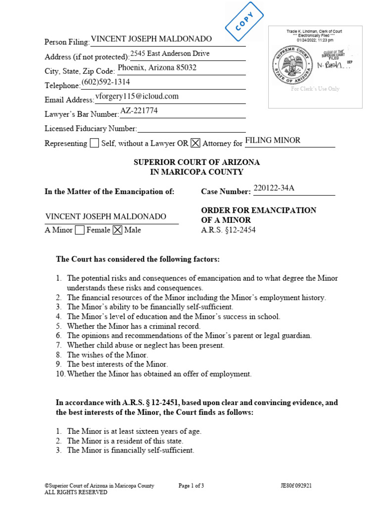 Emancipation Documentation - Maldonado, Vincent | PDF | Minor (Law ...