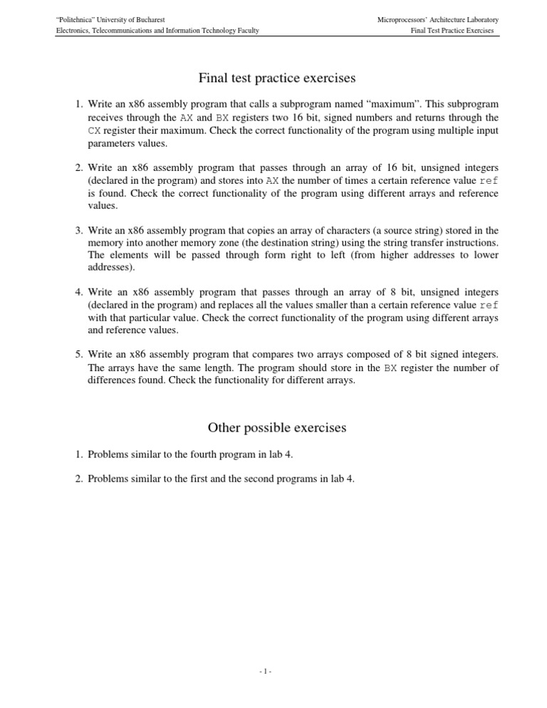 x86 Assembly Final Test Exercises | PDF