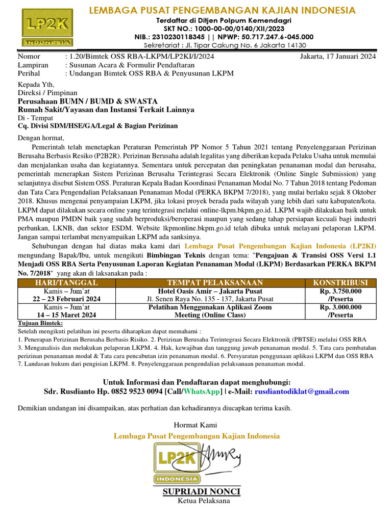 Bimtek OSS RBA dan LKPM 2024 | PDF