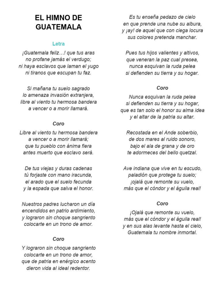 Letra del Himno Nacional de Guatemala | PDF | Poesía