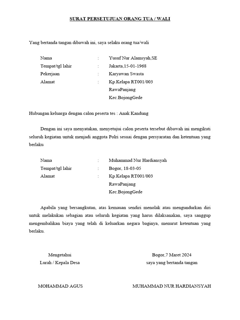 Surat Persetujuan Orang Tua polri | PDF