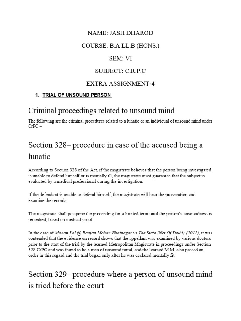 Trial Procedures for Unsound Mind in CrPC | PDF | Insanity Defense | Bail