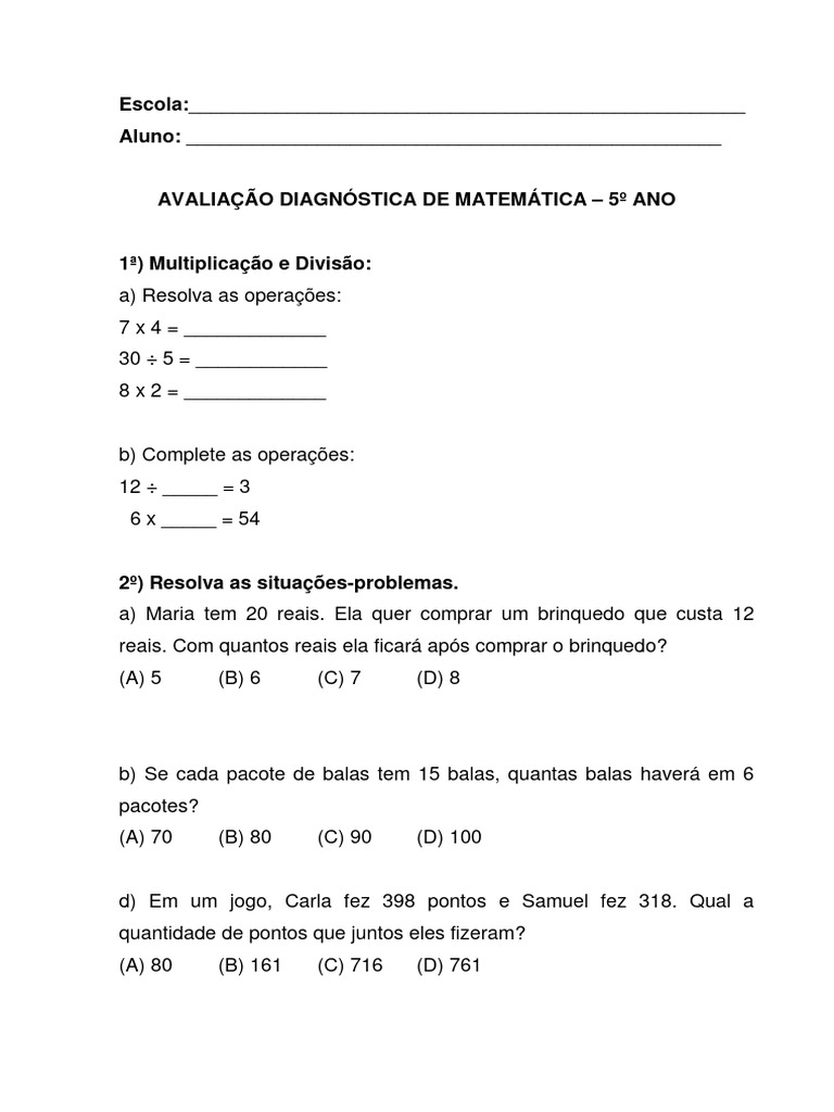 Avaliação Diagnóstica de Matemática 5º Ano | PDF