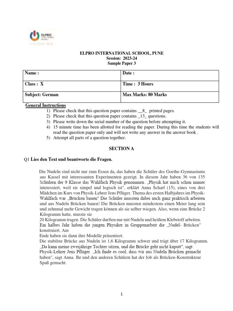 QP - Grade 10 - German - Sample Paper 3 - 2022-23 | PDF