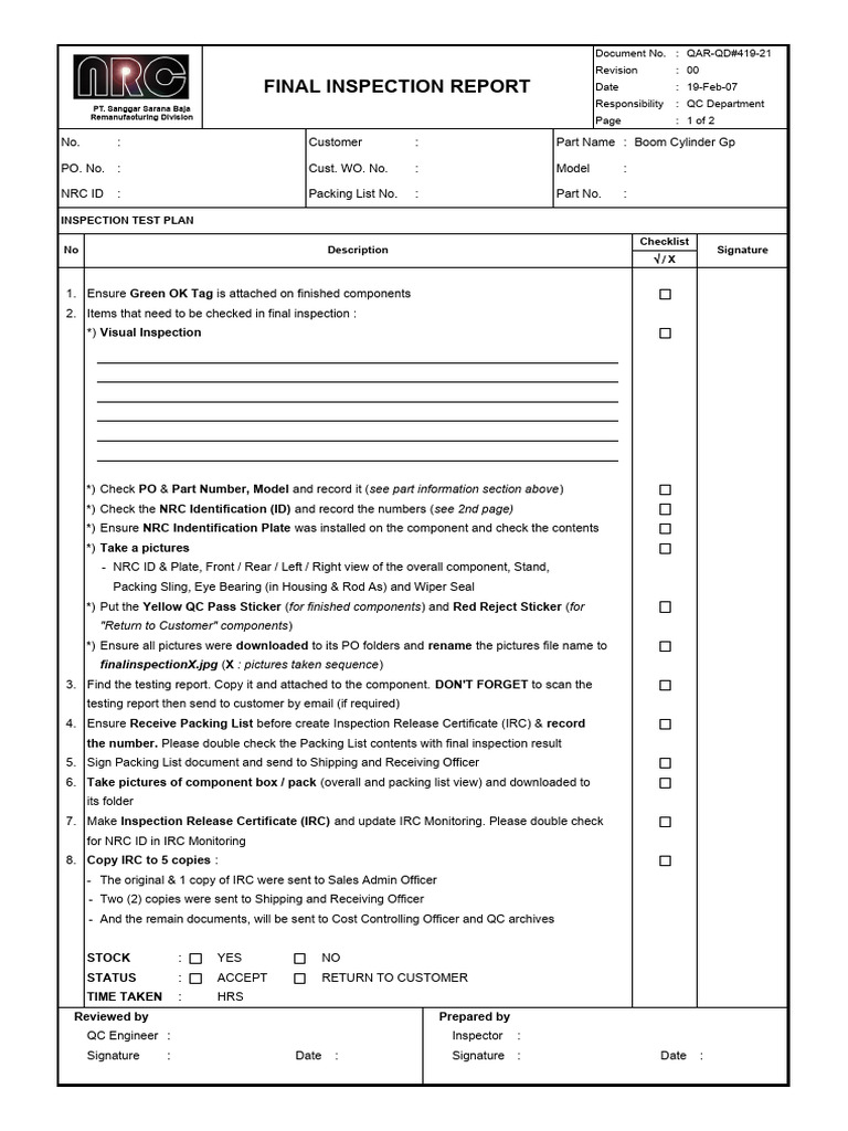 Final Inspection Report for Boom Cylinder | PDF | Computing
