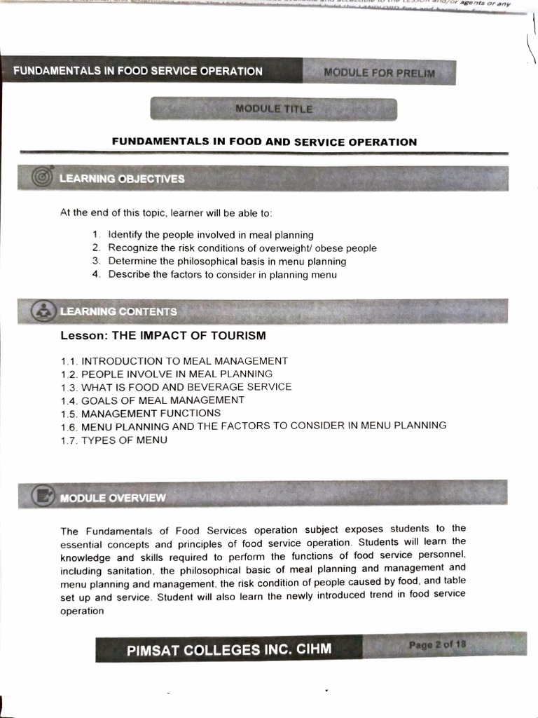 Fundamentals in Food Service Operations 101 PDF Foodservice Dietitian