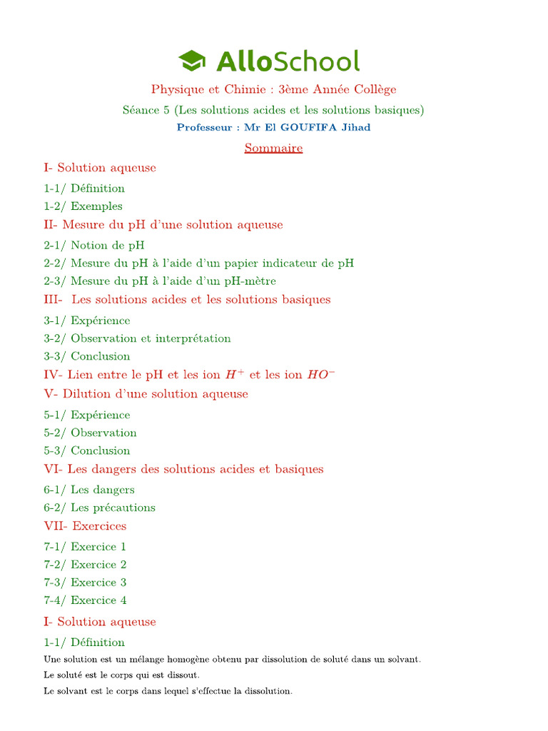 Seance 5 Les Solutions Acides Et Les Solutions Basiques 1 | PDF