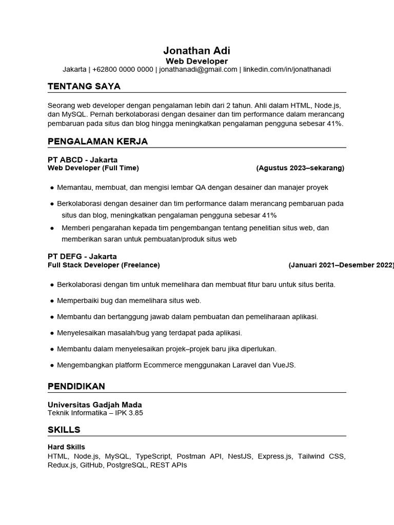 65ba0247ca197f45ab44644c - Contoh CV Web Developer | PDF
