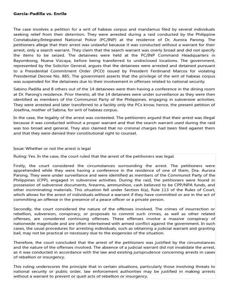 Case 6 garcia padilla v enrile pdf detention imprisonment arrest