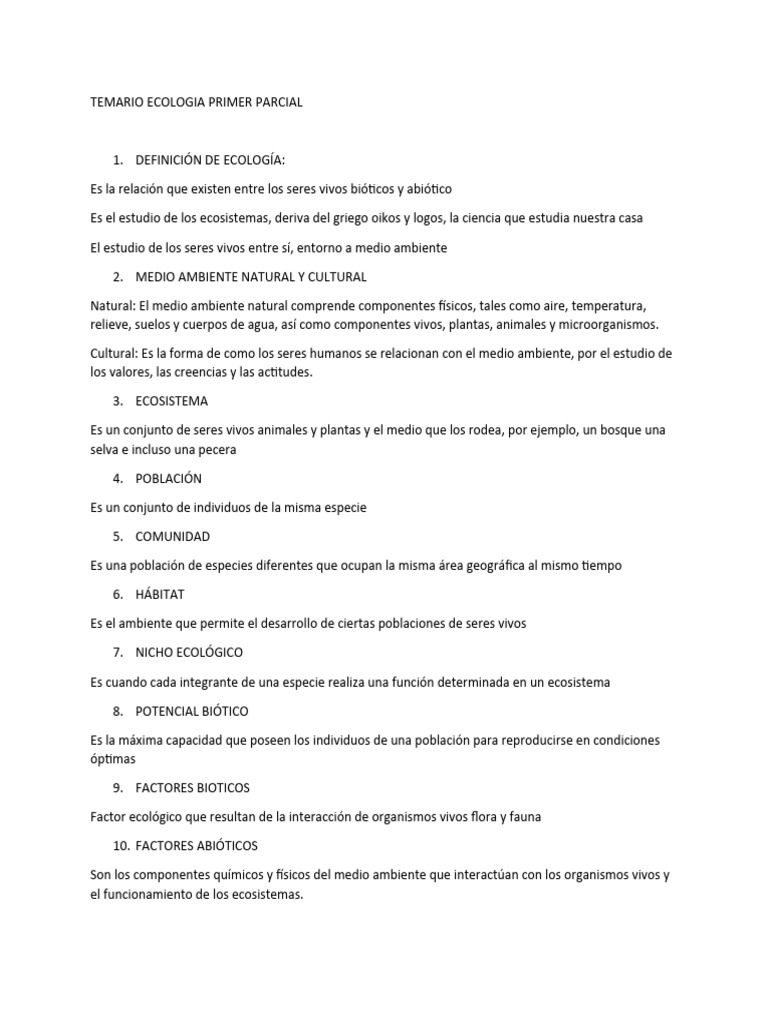 Temario Ecologia Primer Parcial | PDF | Ecología | Entorno natural