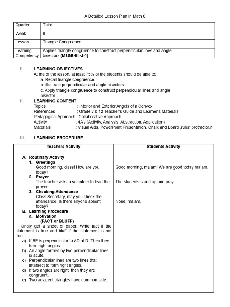 Triangle Congruence Lesson Plan for Math 8 | PDF | Polygon | Triangle