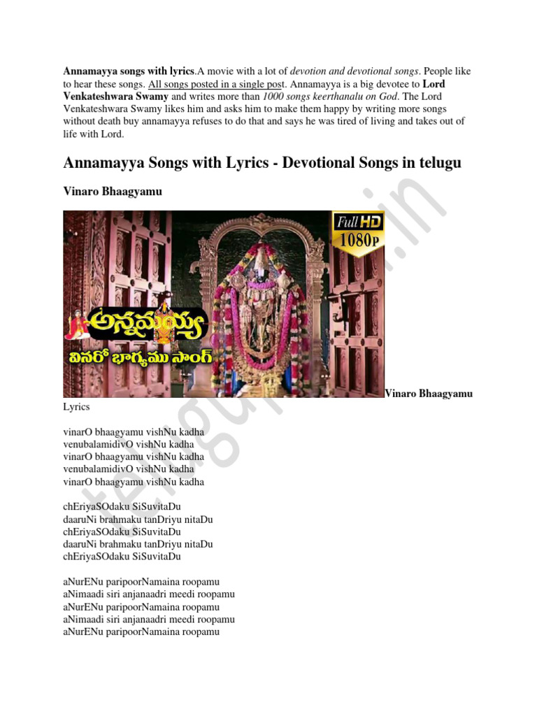 Annamayya Songs With Lyrics PDF Download Free PDF Forms Of Vishnu