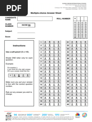 Multiple-Choice Answer Sheet for 9 IGCSE