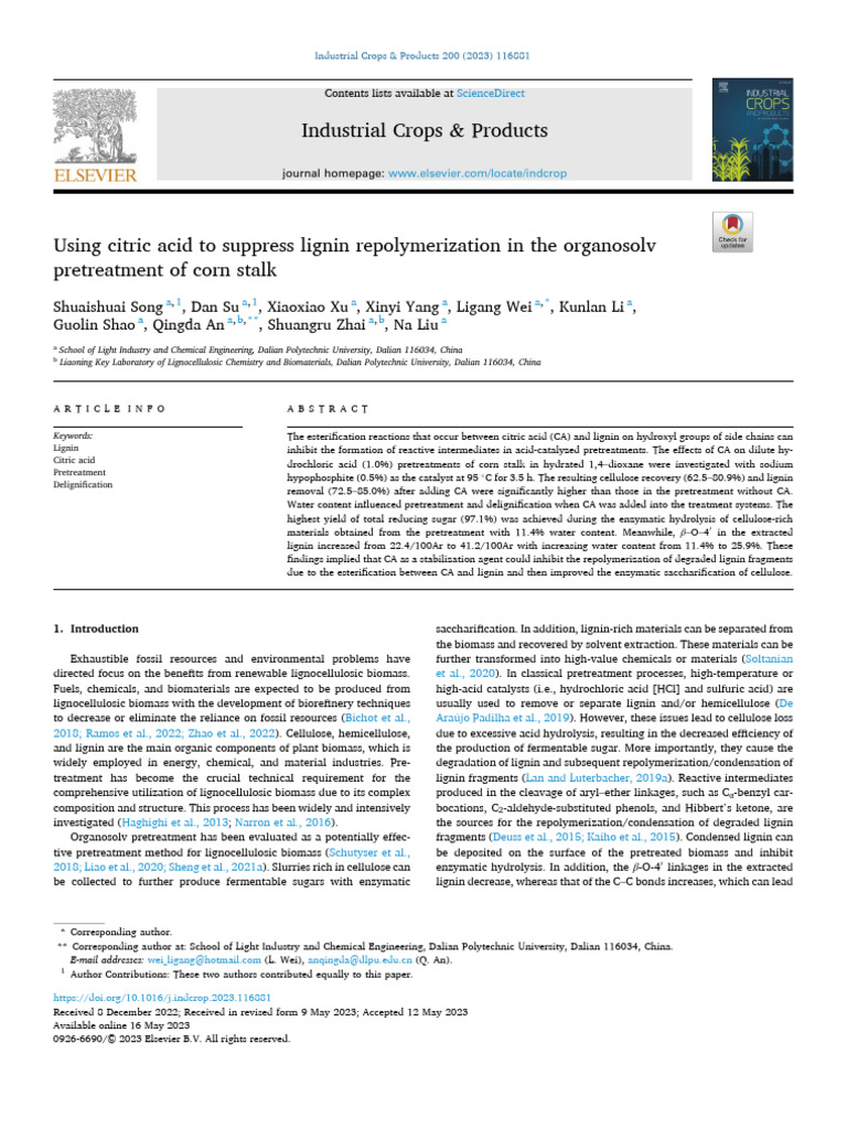 Song 2023 industrialcropprod using citric acid to suppress lignin