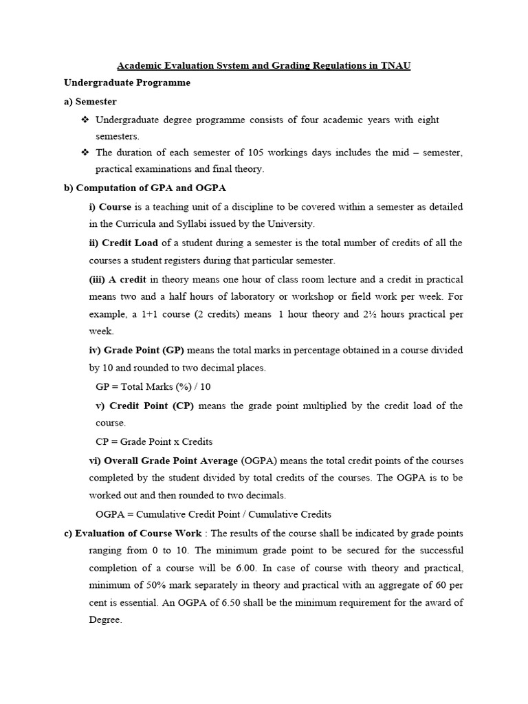 Academic Evaluvation System and Grading Regulation in TNAU PDF