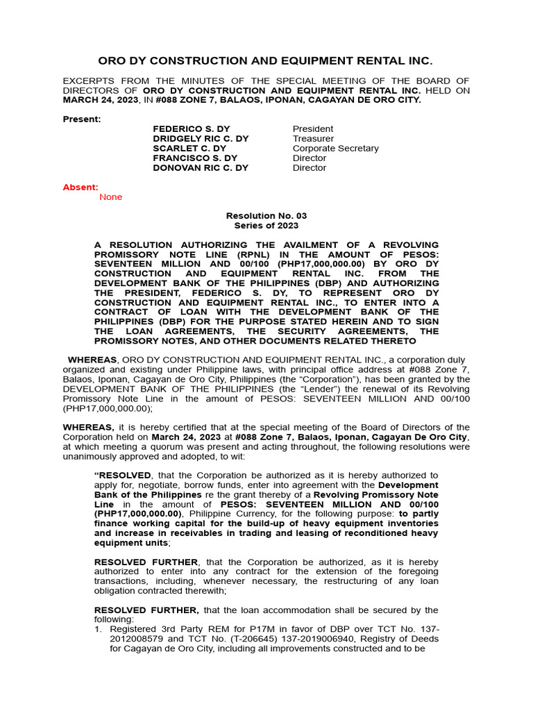 ORO DY Construction Loan Resolution | PDF | Contractual Term | Loans