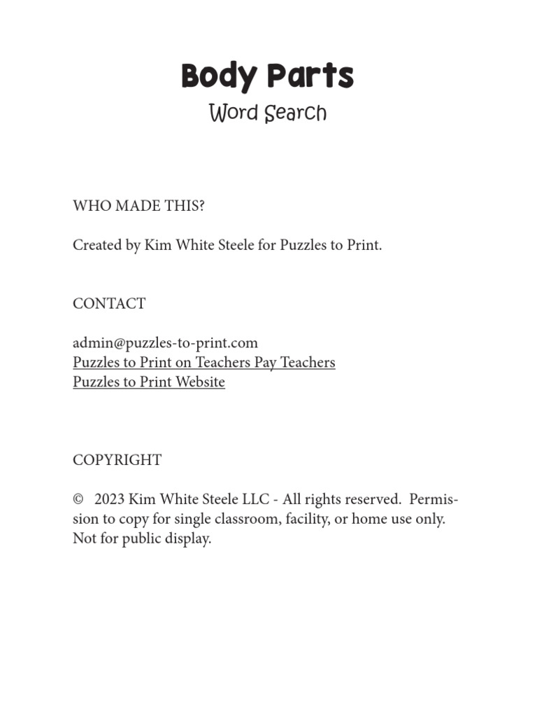 Body Parts Word Search | PDF | Word Search | Word Puzzles