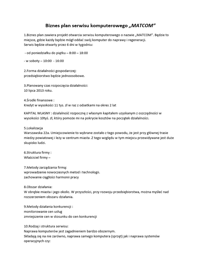 Notatek PL Biznes Plan Serwisu Komputerowego Matcom | PDF
