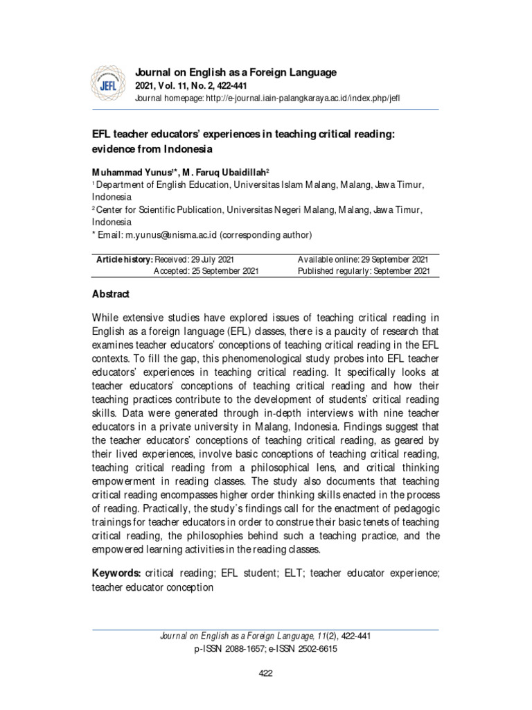 EFL Teacher Educators' Experiences - 2021 | PDF | Reading Comprehension ...